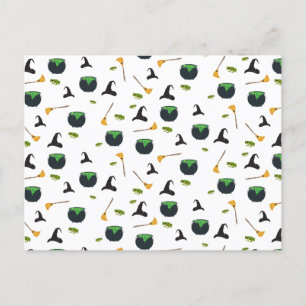 Witch Hat Broom Cauldron Halloween Pattern Holiday Postcard