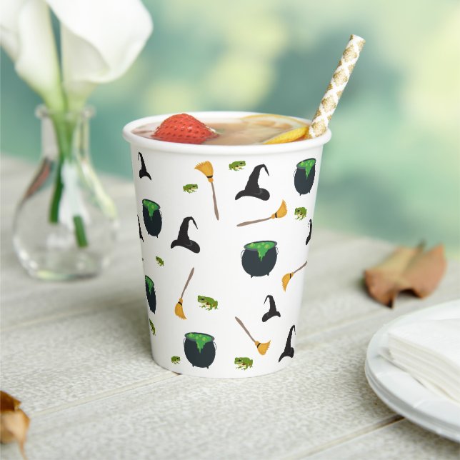 Witch Hat Broom Cauldron Halloween Pattern Paper Cups (Insitu)