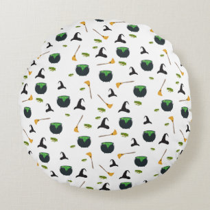 Witch Hat Broom Cauldron Halloween Pattern Round Cushion
