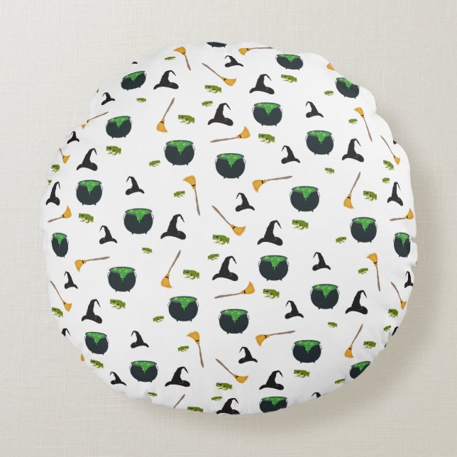 Witch Hat Broom Cauldron Halloween Pattern Round Cushion (Front)