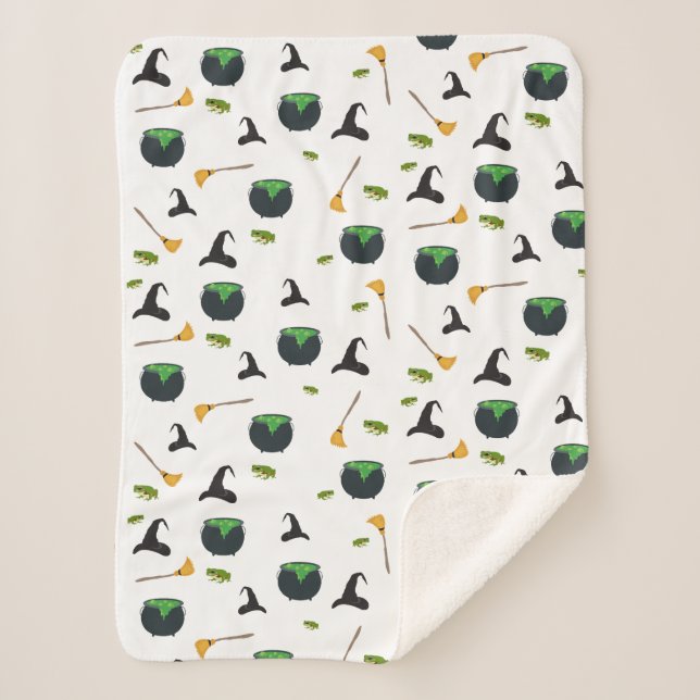 Witch Hat Broom Cauldron Halloween Pattern Sherpa Blanket (Front)