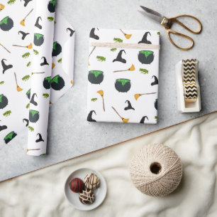 Witch Hat Broom Cauldron Halloween Pattern Wrapping Paper