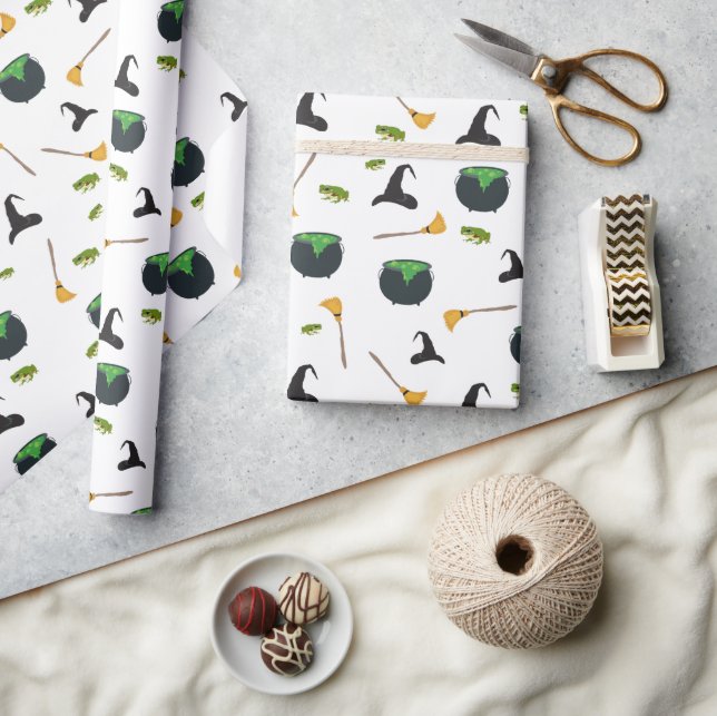 Witch Hat Broom Cauldron Halloween Pattern Wrapping Paper (Crafts)