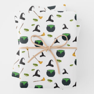 Witch Hat Broom Cauldron Halloween Pattern Wrapping Paper Sheet