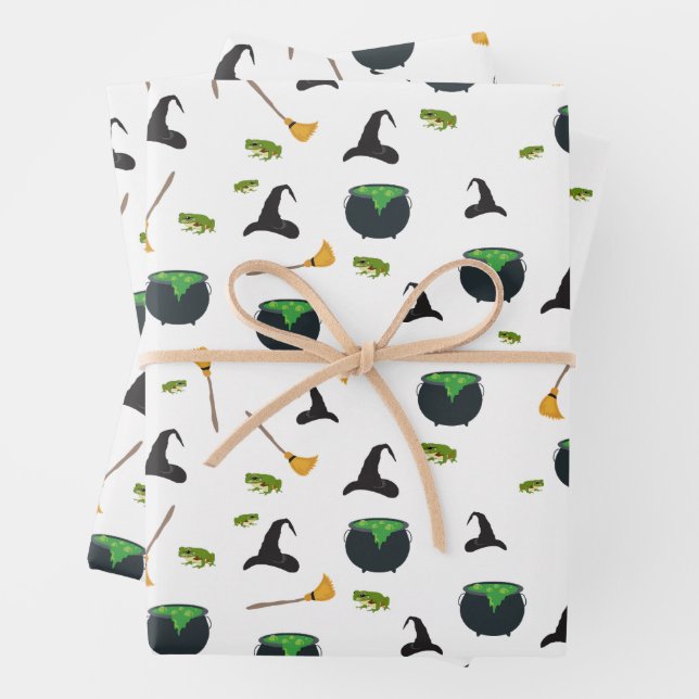 Witch Hat Broom Cauldron Halloween Pattern Wrapping Paper Sheet (In situ)