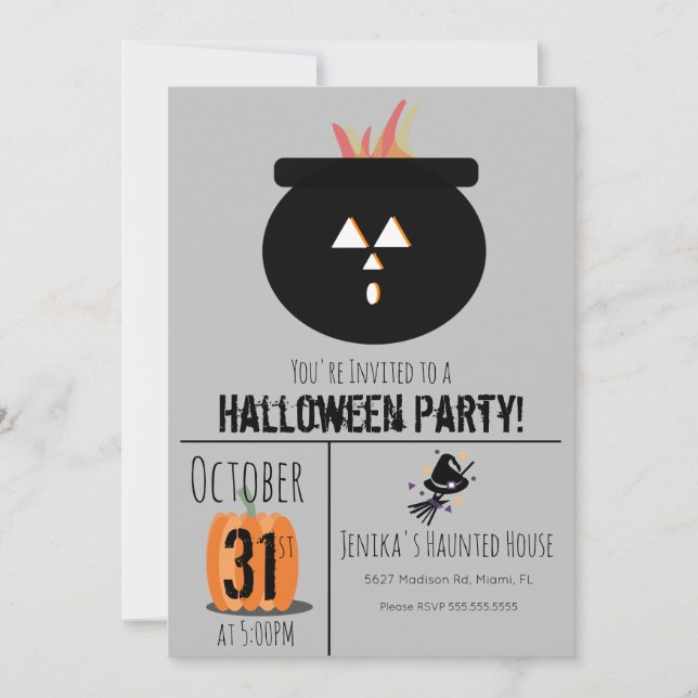 Witch Hat Broom Halloween Caulderon Party Invitati Invitation (Front)