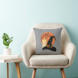 Witch Hat & Candle Under the Orange Moon Halloween Cushion
