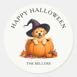 Witch Hat Cute Puppy Pumpkin Halloween Classic Round Sticker