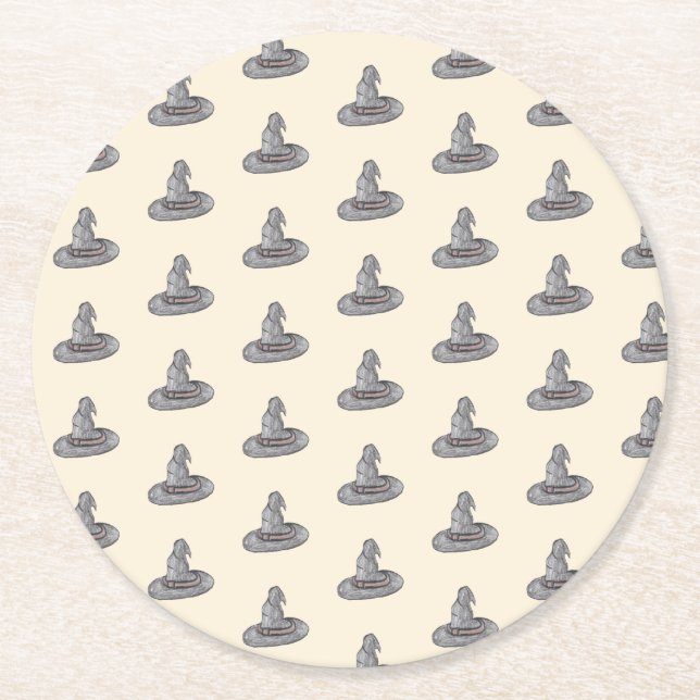  Witch Hat Doodle Halloween Pattern   Round Paper Coaster (Front)