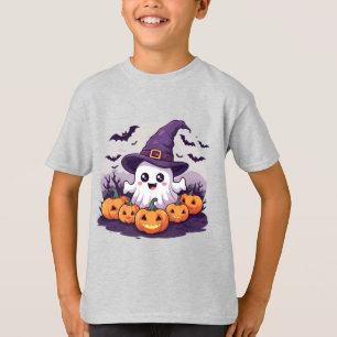 Witch Hat Ghost With Flying Bats For Kids 🎃 T-Shirt