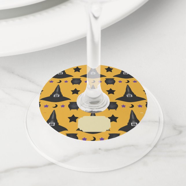 Witch Hat Halloween Pattern Wine Glass Tag (Close Up)