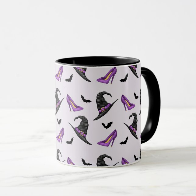 Witch Hat Lilac Heels With Bats Halloween Pattern Mug (Front Right)