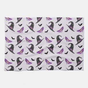 Witch Hat Lilac Heels With Bats Halloween Pattern Tea Towel