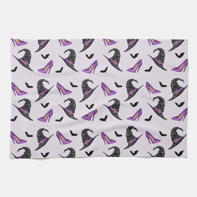 Witch Hat Lilac Heels With Bats Halloween Pattern Tea Towel (Horizontal)