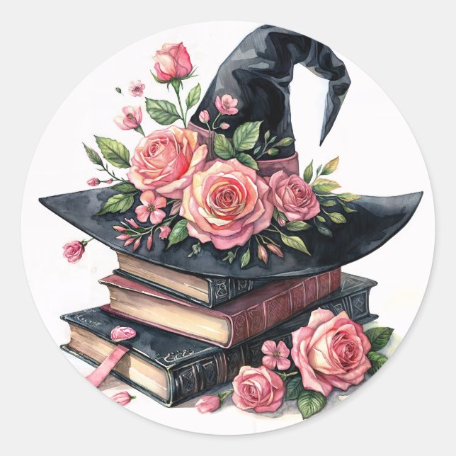 Witch Hat On Books With Pink Roses Classic Round Sticker (Front)