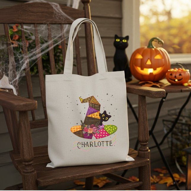 Witch Hat Patch Quilt Halloween Name Tote Bag (Trendy Patchwork Witch With Black Cat Friend. Easy personalize name.)