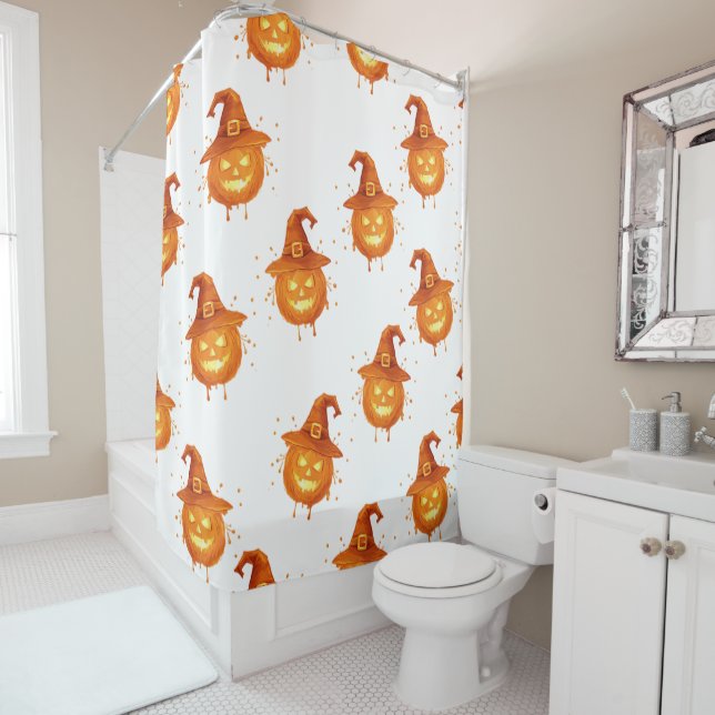 Witch Hat Pumpkin Gothic Bathroom Design – Spooky  Shower Curtain (In Situ)