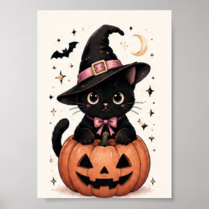 Witch Hat Pumpkin Patch Black Cat Poster