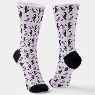 Witch Hat Purple Shoes And Bats Halloween Pattern Socks
