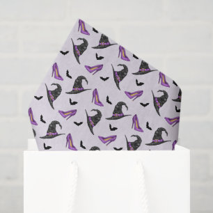 Witch Hat Purple Shoes And Bats Halloween Pattern Tissue Paper