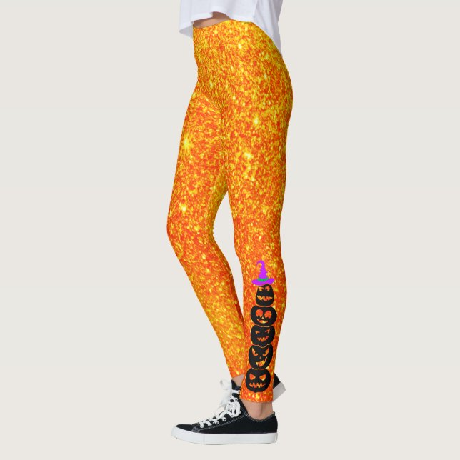 Witch Hat Stacked Pumpkins Glitter Halloween Leggings (Left)