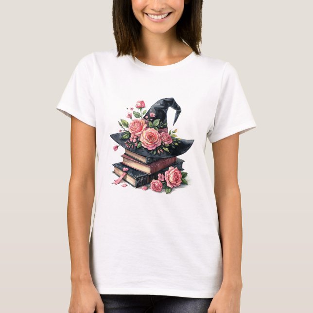 Witch Hat With Pink Roses Bookstack T-Shirt (Front)