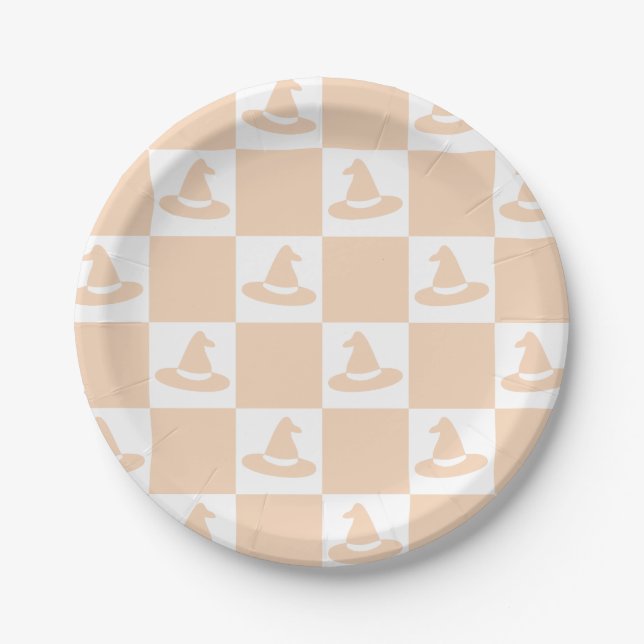 Witch Hatch Chequerboard Pastel Halloween Paper Plate (Front)
