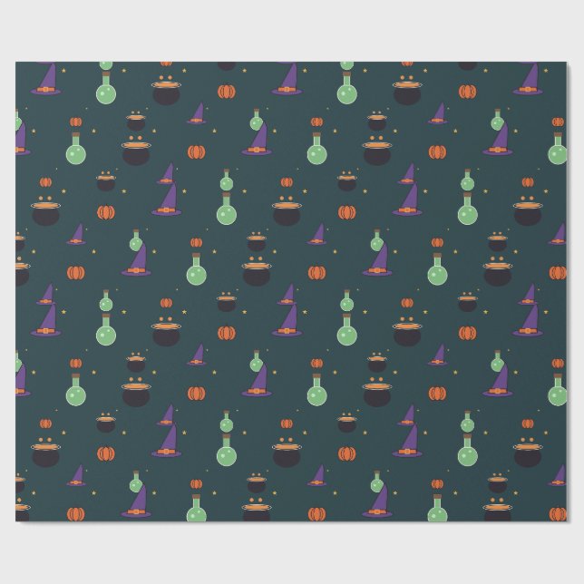 Witch Hats Potions and Cauldrons Pattern Wrapping Paper (Flat)