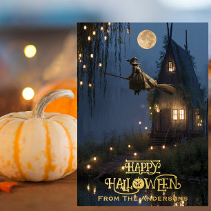 Witch Haunted House Spooky Forest Halloween Photo Foil Holiday Card