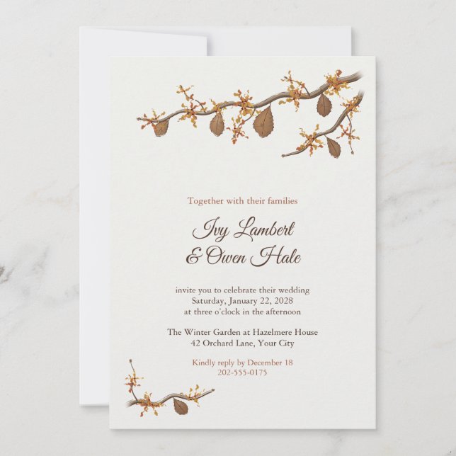 Witch Hazel Blossom Winter Wedding Invitation (Front)