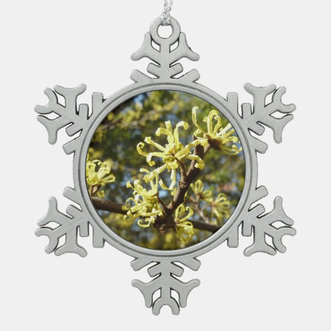 Witch Hazel Flowers Snowflake Pewter Christmas Ornament (Front)