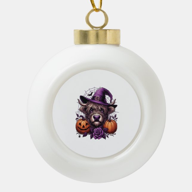 Witch Highland Halloween Cow Ceramic Ball Christmas Ornament (Front)