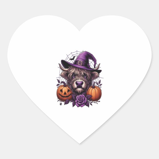 Witch Highland Halloween Cow Heart Sticker (Front)