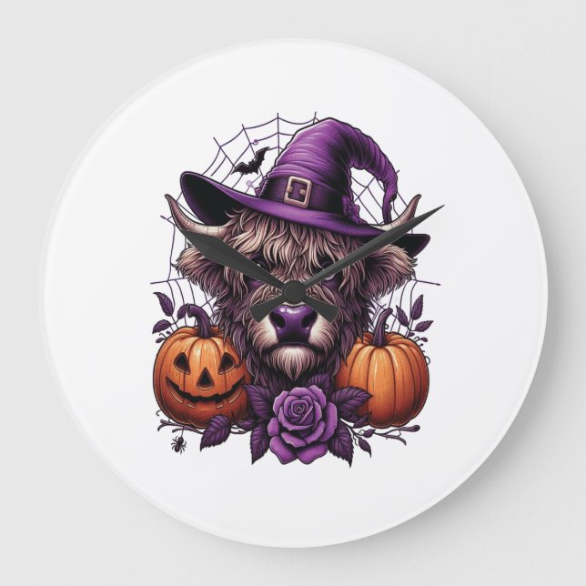 Witch Highland Halloween Cow Large Clock (Front)