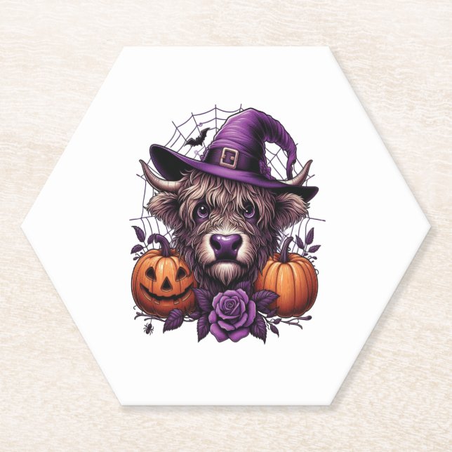 Witch Highland Halloween Cow Paper Coaster (Front)