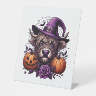 Witch Highland Halloween Cow Pedestal Sign