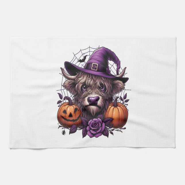 Witch Highland Halloween Cow Tea Towel (Horizontal)