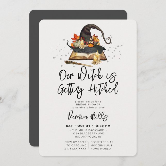Witch Hitched Grey Halloween Bridal Shower Invitation (Front/Back)
