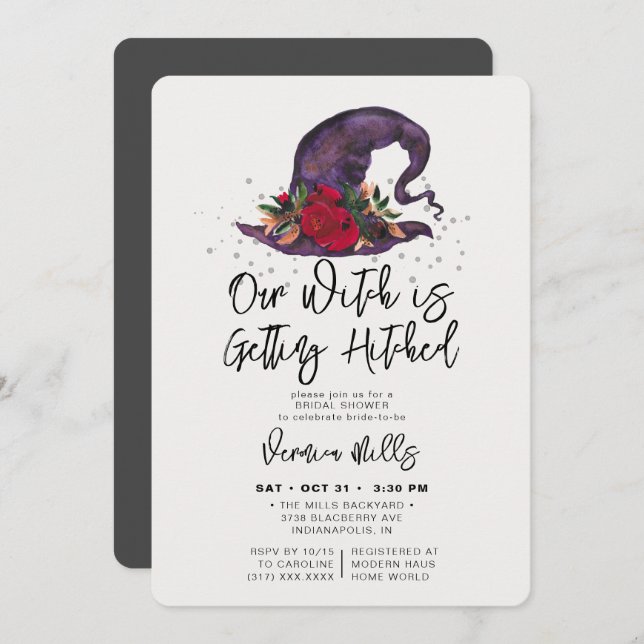 Witch Hitched Grey Halloween Bridal Shower Invitation (Front/Back)