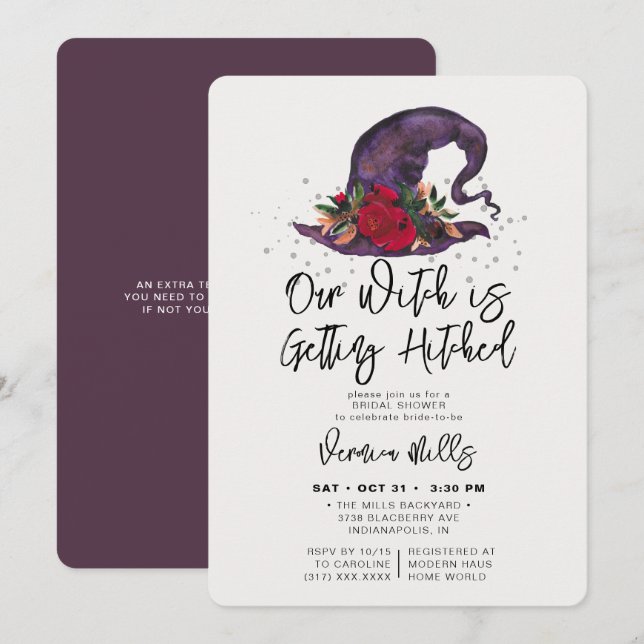 Witch Hitched Purple Halloween Bridal Shower Invit Invitation (Front/Back)