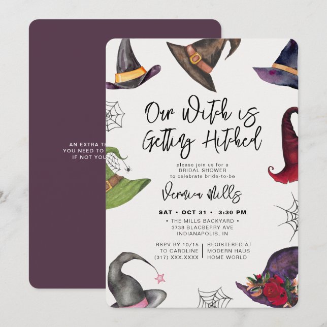 Witch Hitched Purple Halloween Bridal Shower Invitation (Front/Back)
