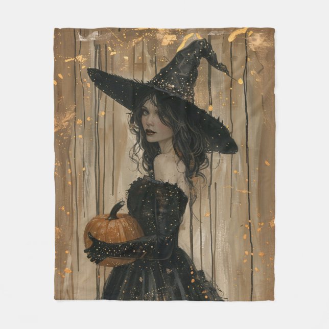 Witch Holding a Pumpkin Fleece Blanket (Front)