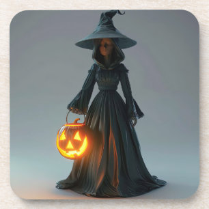 Witch holding jack-o-lantern coaster