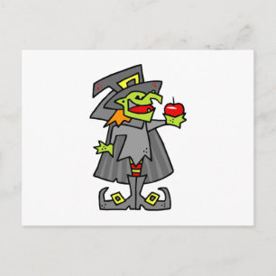 Witch holding red apple postcard