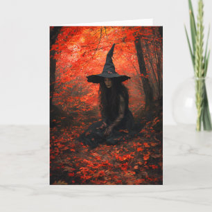 Witch in a Crimson Forest Halloween Holiday Card
