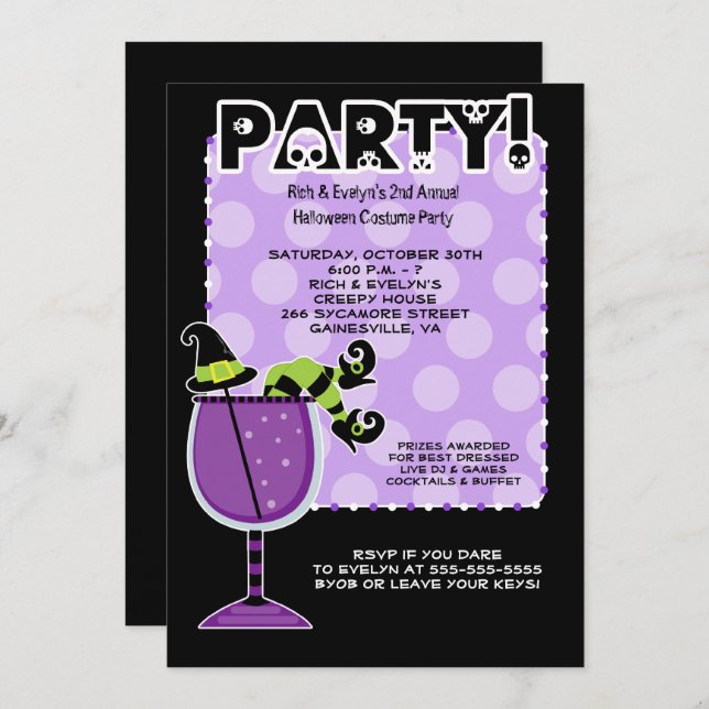 Witch in Cocktail Halloween Party 5x7 Invitation (Front/Back)