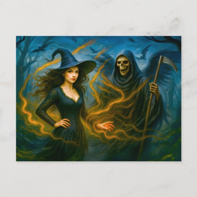 Witch in dark forest with the grim reaper holiday postcard (Front)
