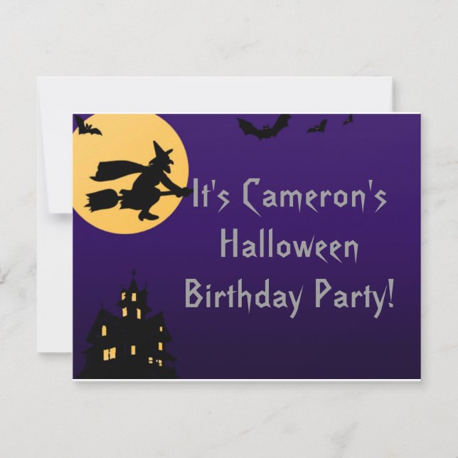 "Witch In Flight at Midnight" - Halloween Birthday Invitation (Front)