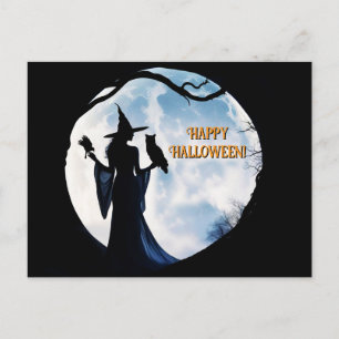 Witch in Full Moon Raven Owl Halloween Holiday Postcard