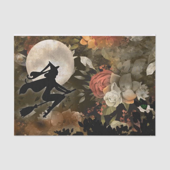 Witch in Halloween Moon Flowers Decoupage Tissue Paper (Front)